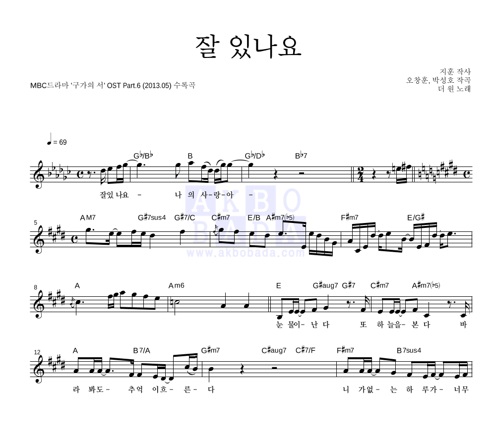 더 원 - 잘 있나요 멜로디 악보 