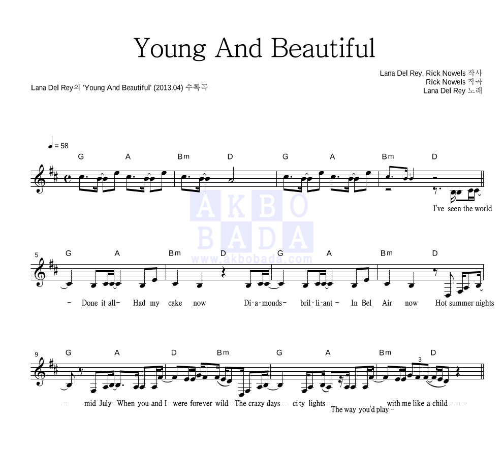 Lana Del Rey - Young and Beautiful 멜로디 악보 