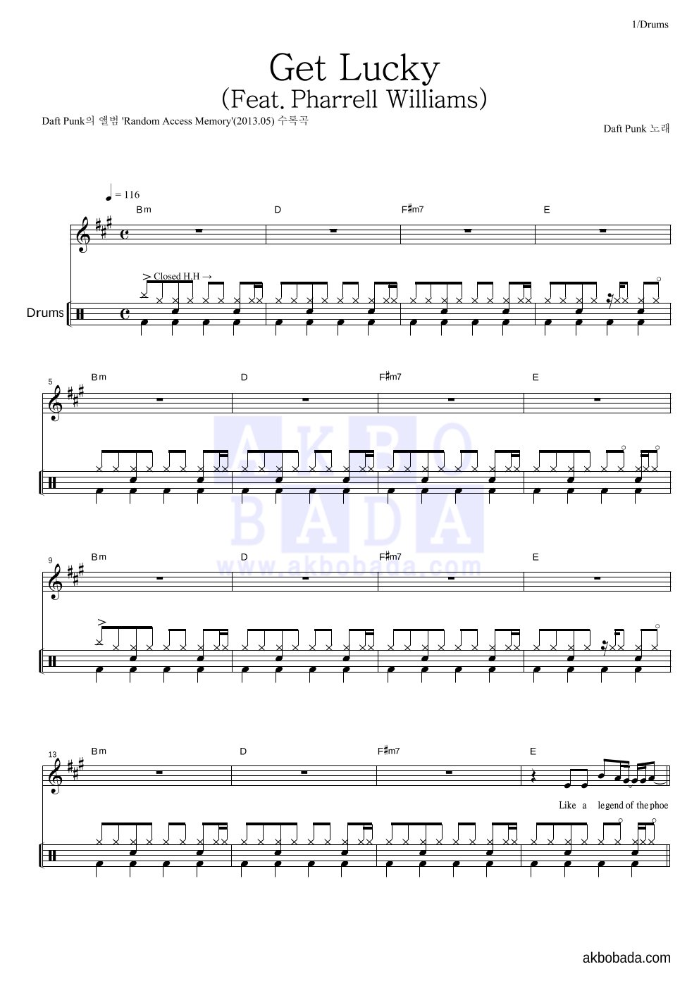 Daft Punk - Get Lucky (Feat. Pharrell Williams) 드럼 악보 