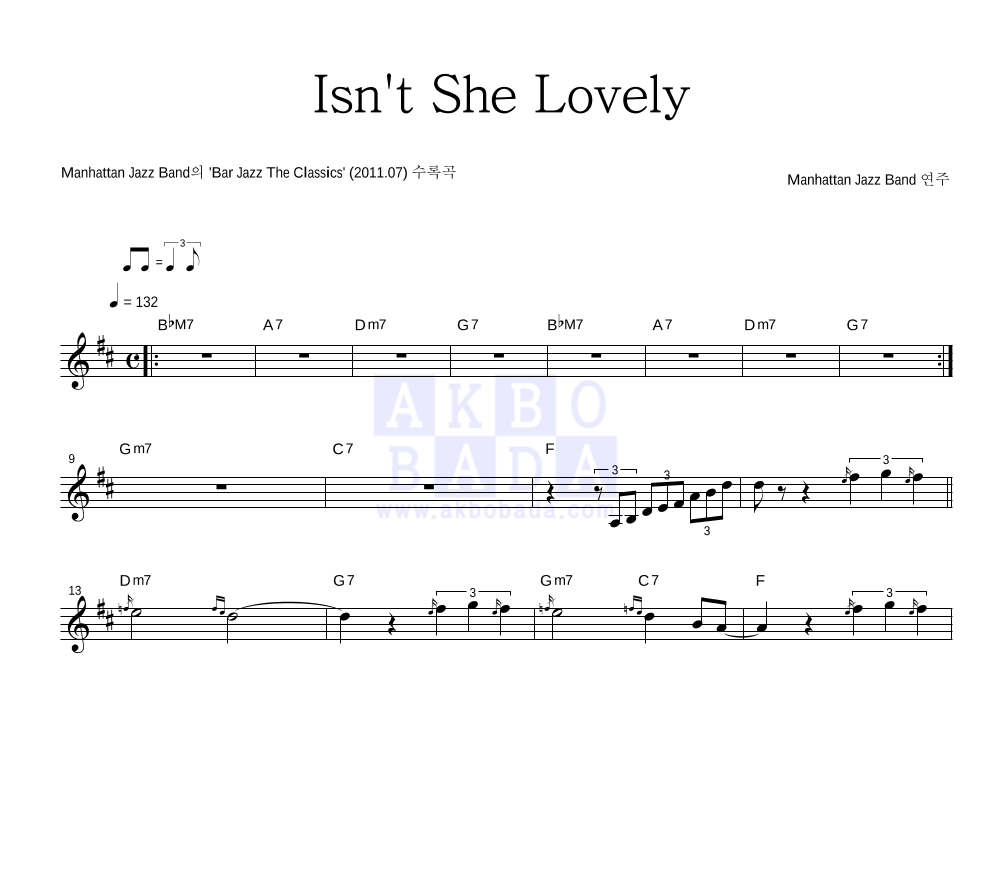 Manhattan Jazz Band - Isn't She Lovely Eb색소폰 악보 