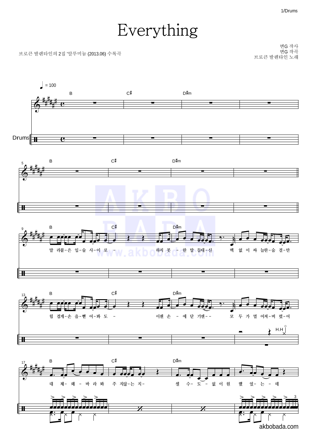 브로큰 발렌타인 - Everything 드럼 악보 