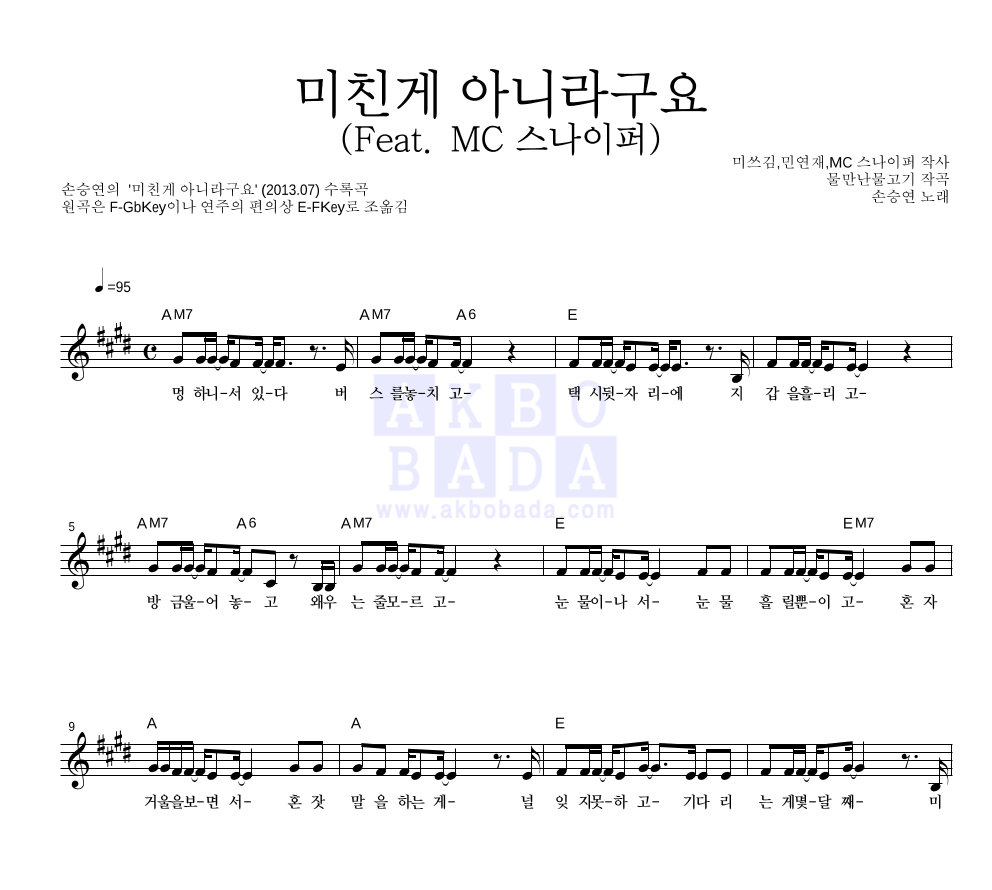 손승연 - 미친게 아니라구요 (Feat. MC 스나이퍼) 멜로디 악보 