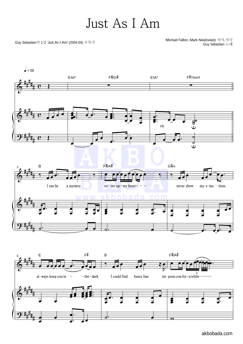Guy Sebastian - Just As I Am 피아노 3단 악보 
