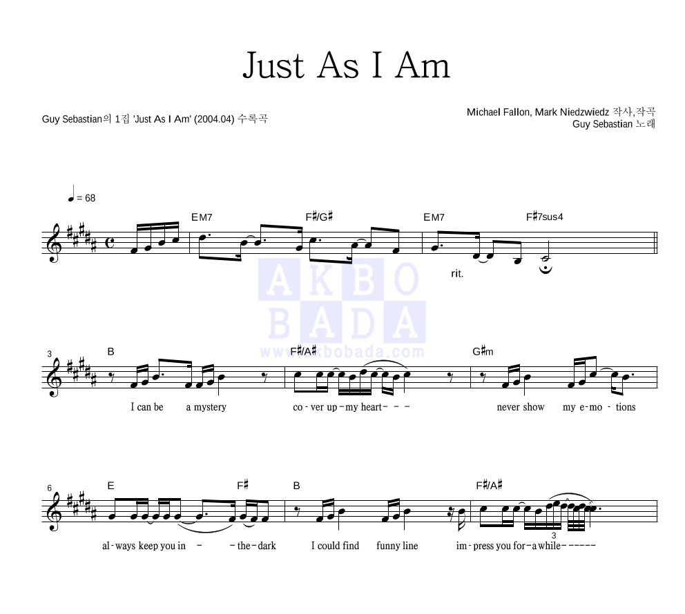 Guy Sebastian - Just As I Am 멜로디 악보 