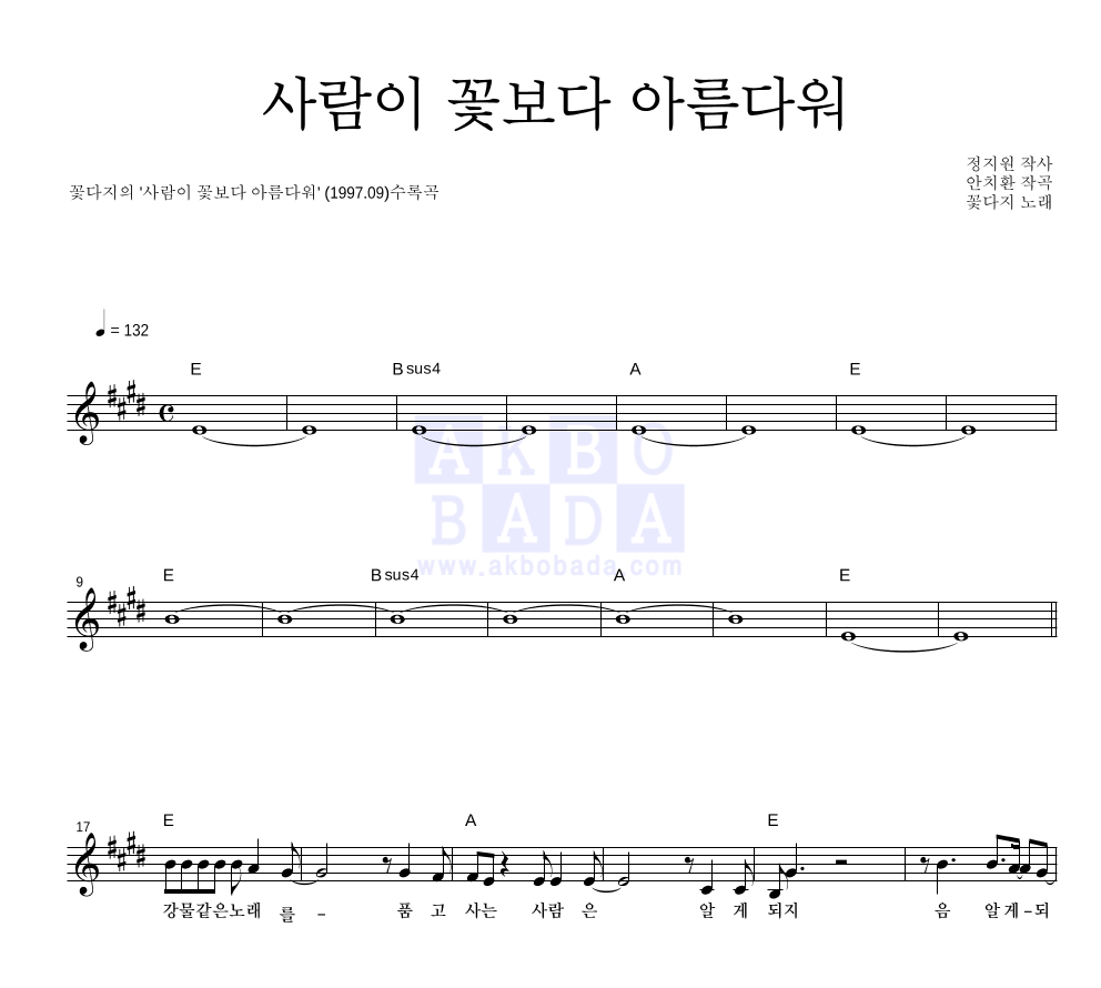 꽃다지 - 사람이 꽃보다 아름다워 멜로디 악보 