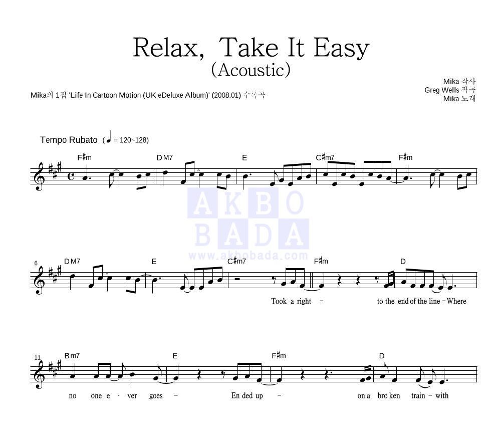 MIKA(미카) - Relax, Take It Easy (Acoustic) 멜로디 악보 