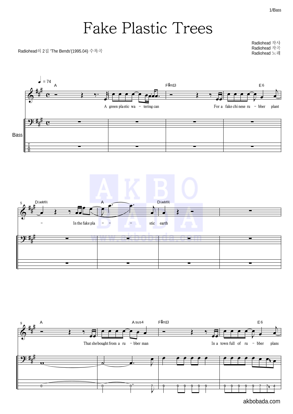 Radiohead Fake Plastic Trees 악보 악보바다