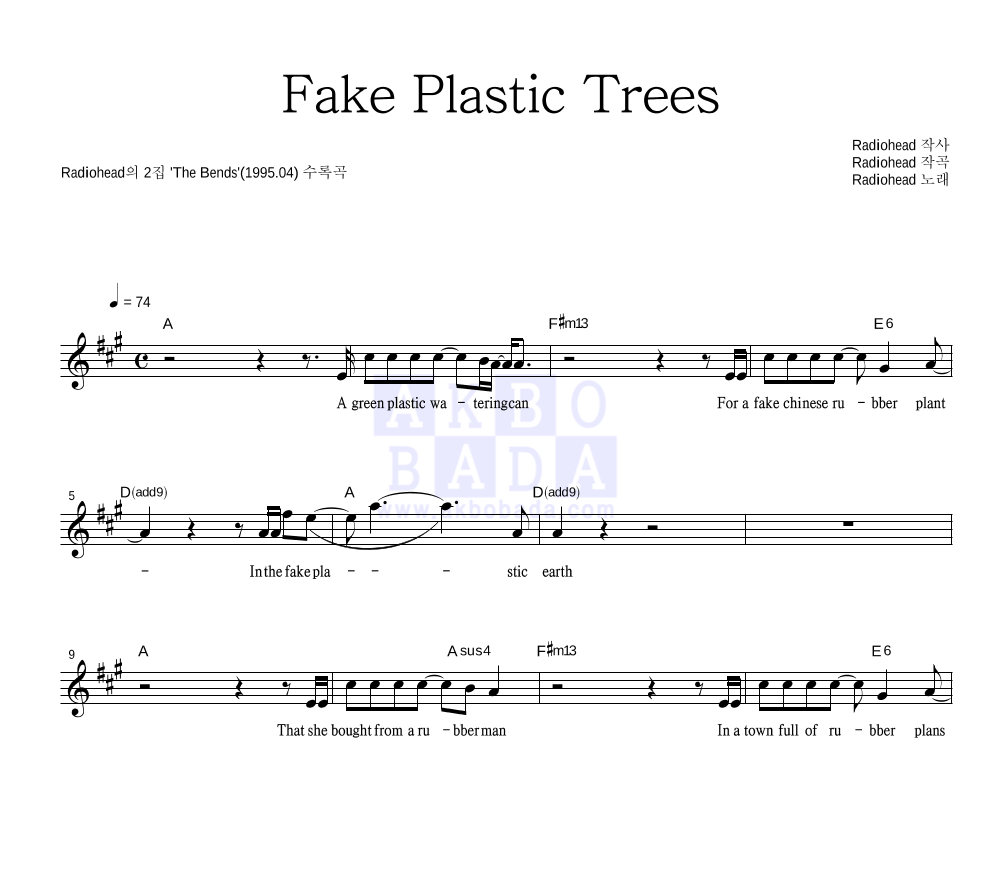Radiohead - Fake Plastic Trees 멜로디 악보 