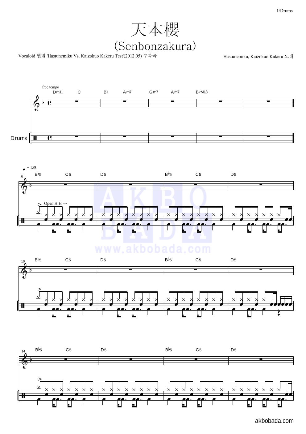 Hatsune Miku,Kaizokuo x Test - 天本櫻 (Senbonzakura) 드럼 악보 