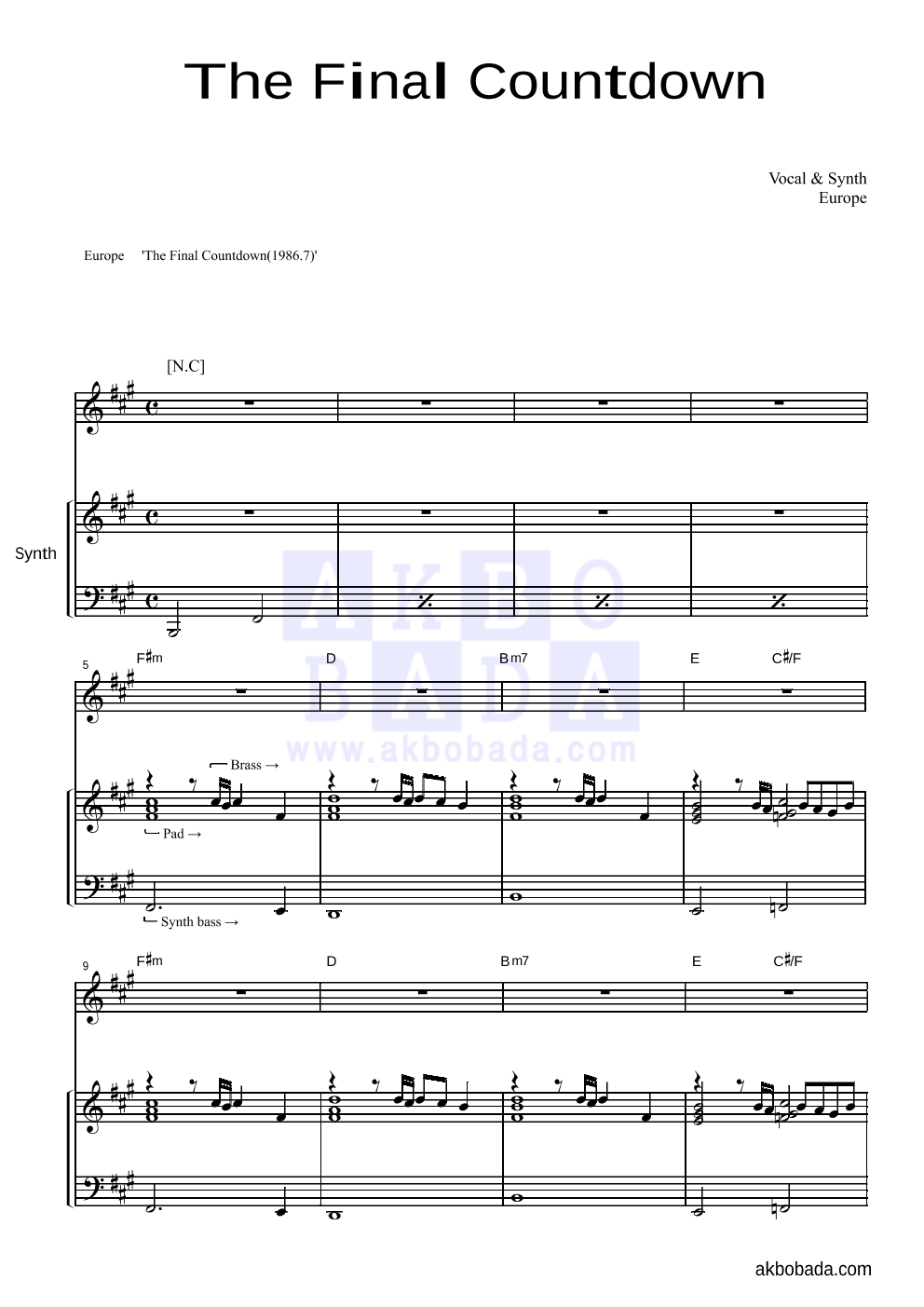 Europe - The Final Countdown 건반 악보 