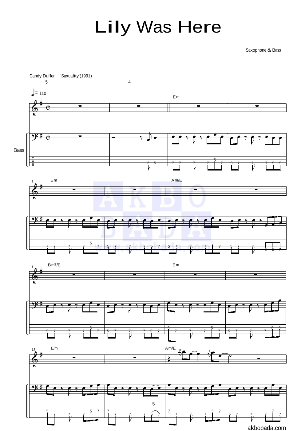 Candy Dulfer - Lily Was Here 베이스 악보 
