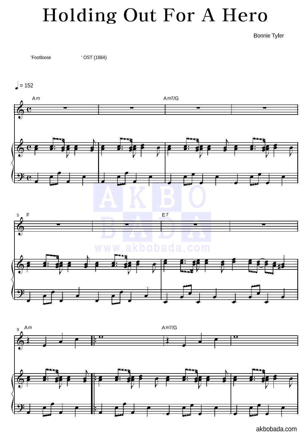 Bonnie Tyler - Holding Out For A Hero 피아노 3단 악보 