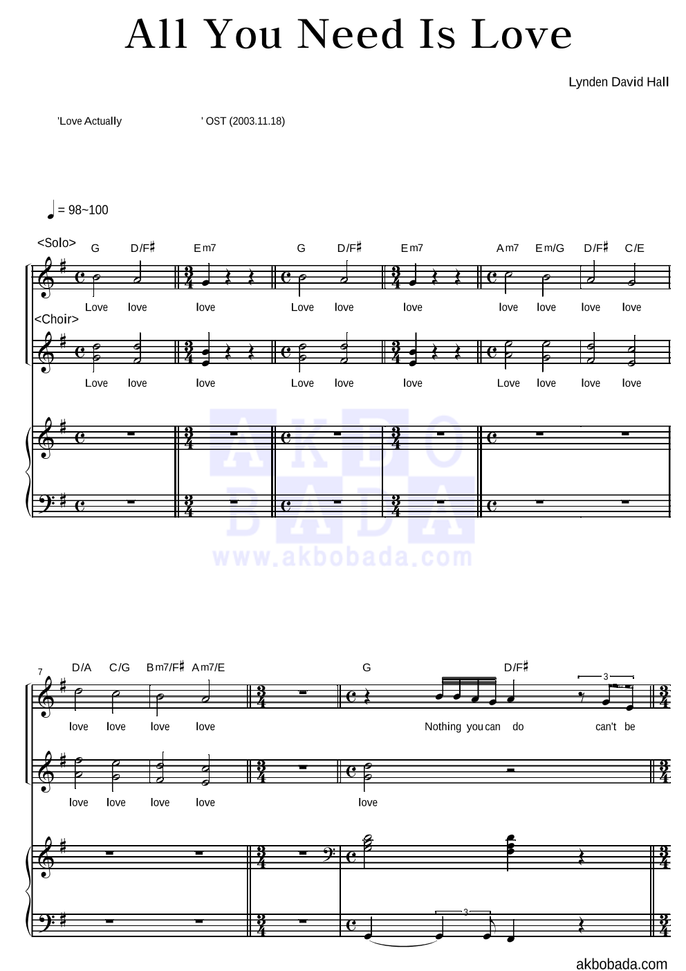 Lynden David Hall All You Need Is Love 악보 악보바다