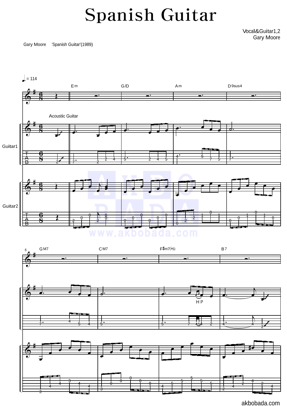 Gary Moore - Spanish Guitar 기타1,2 악보 