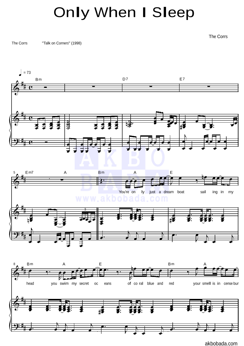 The Corrs - Only When I Sleep 피아노 3단 악보 
