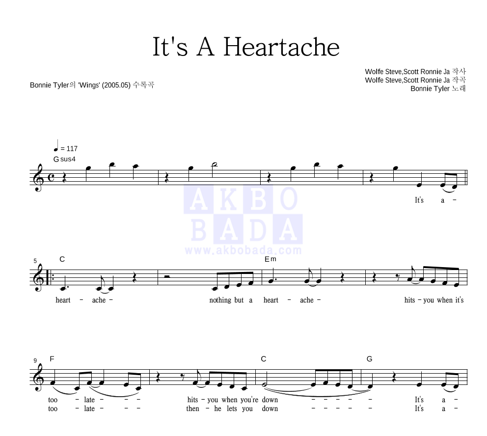 Bonnie Tyler - It's A Heartache 멜로디 악보 