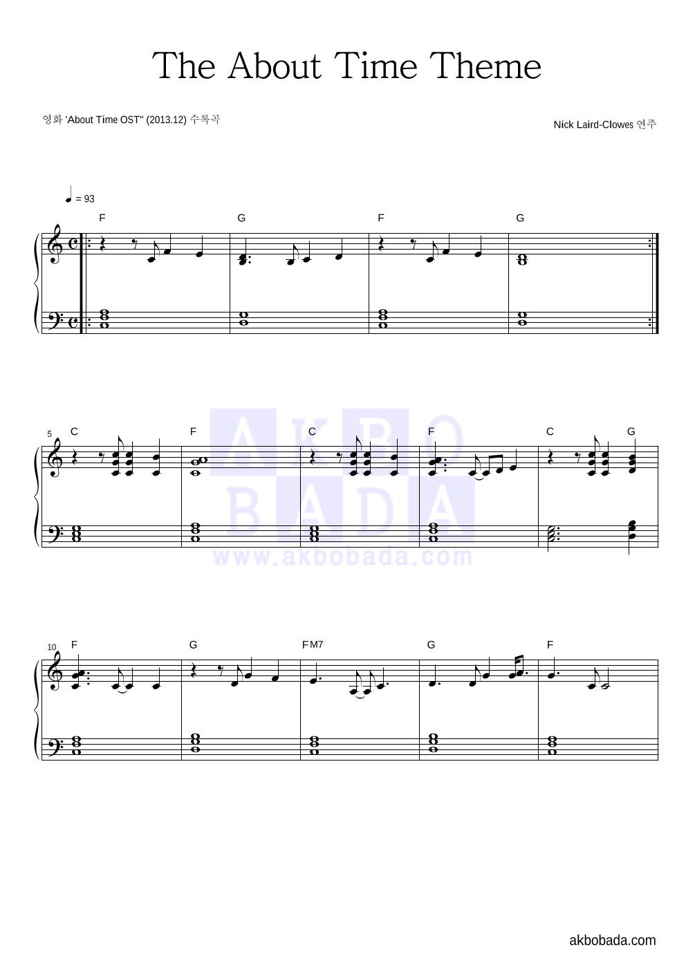 Nick Laird-Clowes - The About Time Theme 피아노 2단 악보 