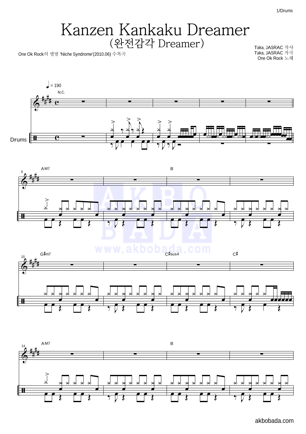 One Ok Rock - Kanzen Kankaku Dreamer(완전감각 Dreamer) 드럼 악보 
