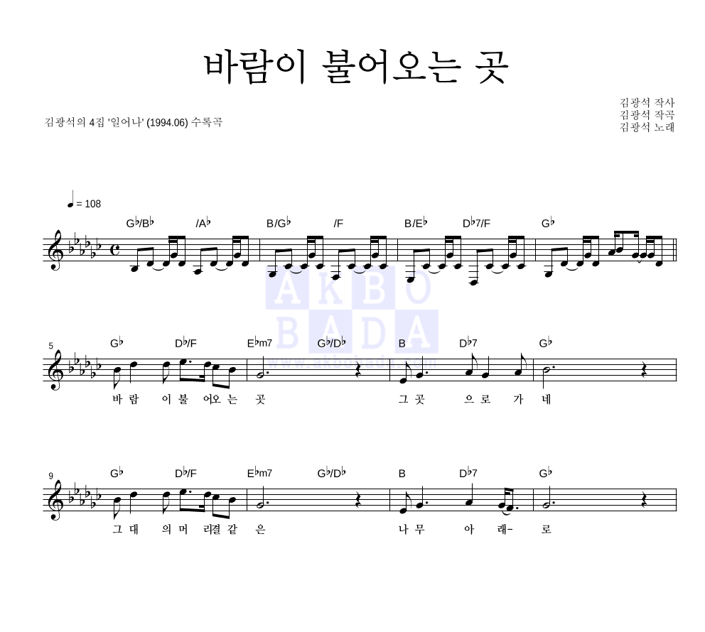 김광석 - 바람이 불어오는 곳 멜로디 악보 