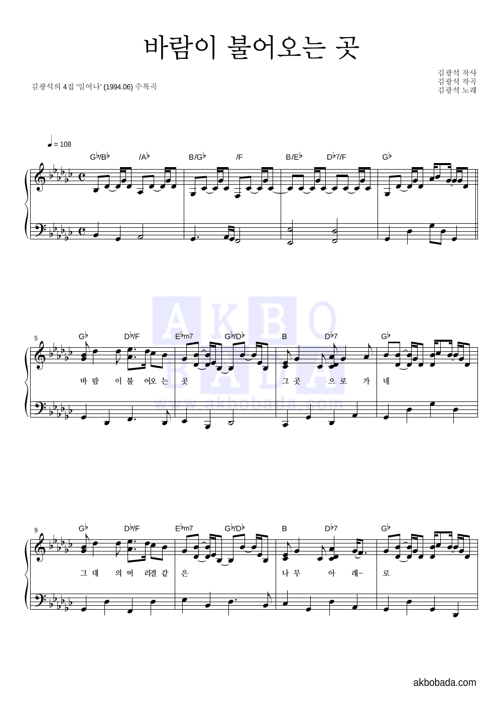 김광석 - 바람이 불어오는 곳 피아노 2단 악보 