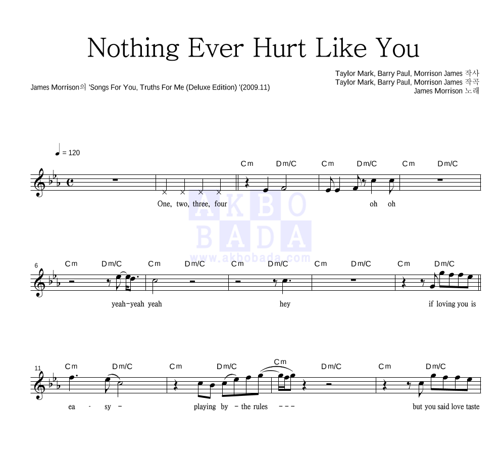 James Morrison - Nothing Ever Hurt Like You 멜로디 악보 