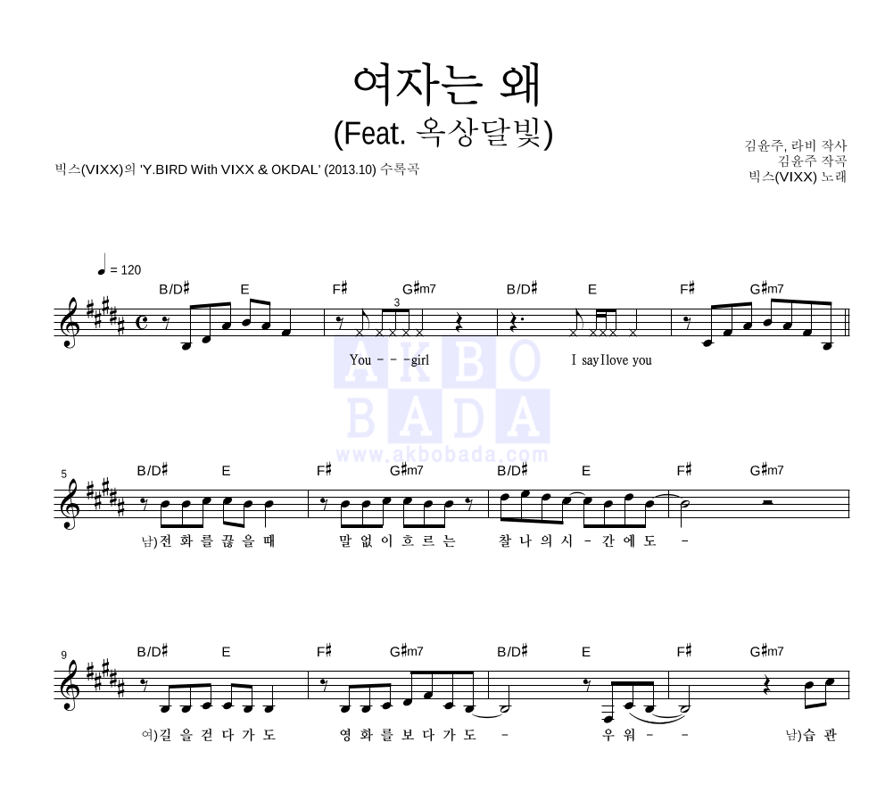 빅스 - 여자는 왜 (Feat. 옥상달빛) 멜로디 악보 