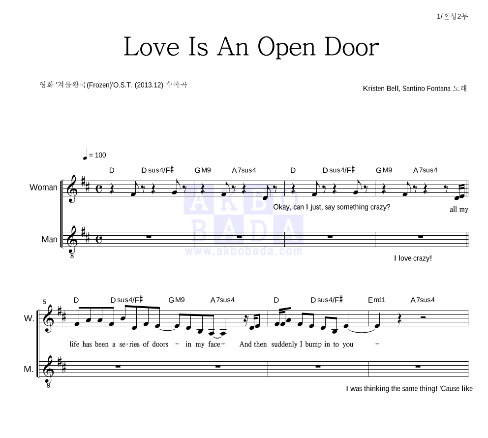 Kristen Bell,Santiano Fontana - Love Is An Open Door 듀엣 악보 