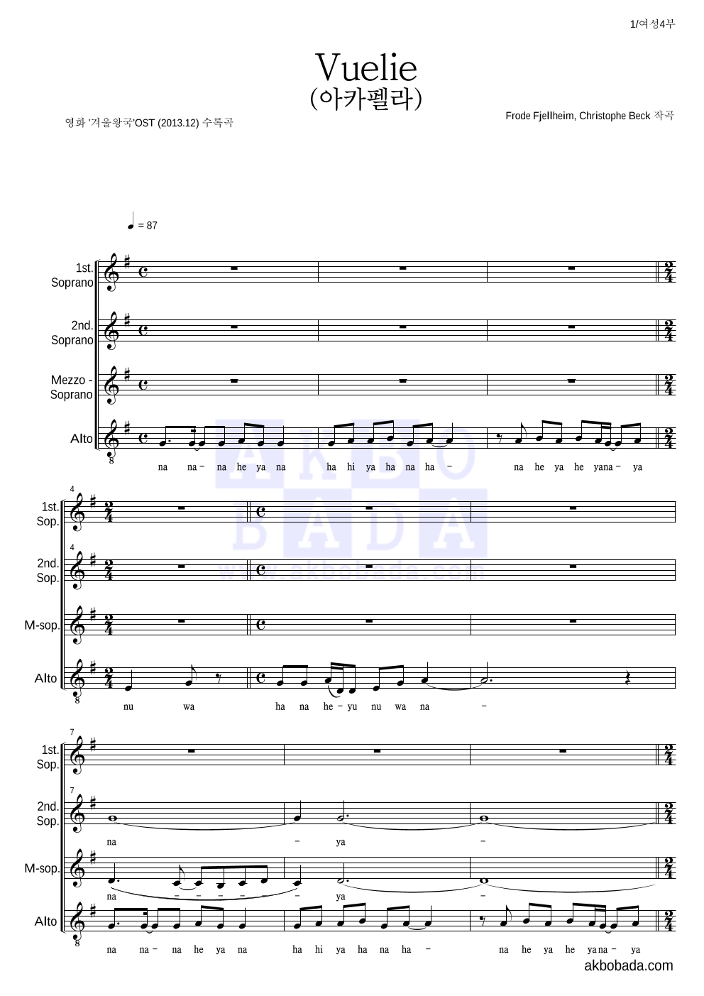 Frode Fjellheim,Christophe Beck - Vuelie 아카펠라 악보 