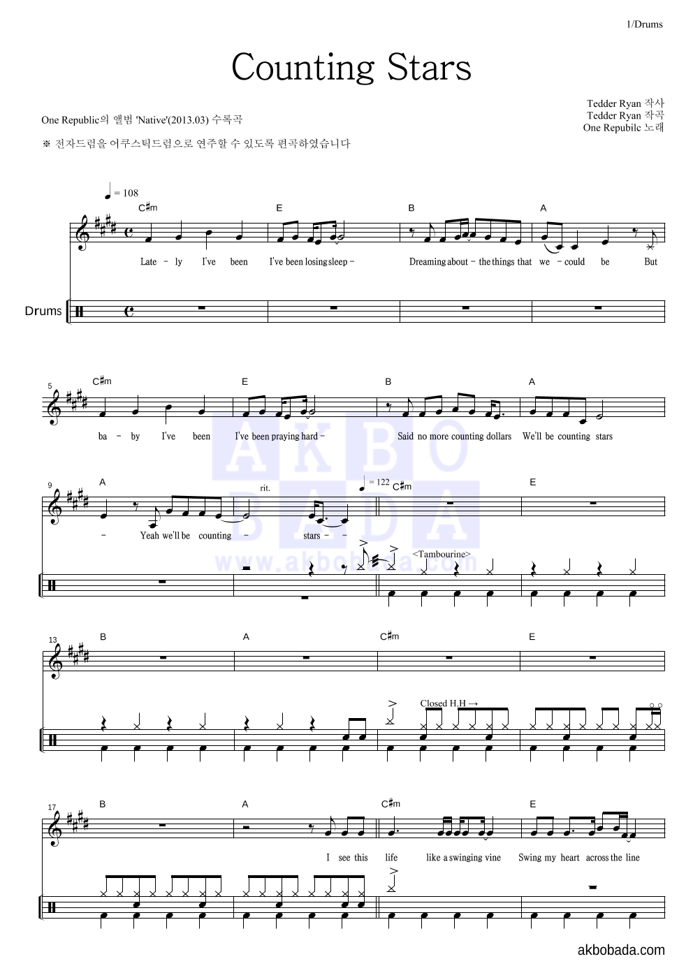 OneRepublic - Counting Stars 드럼 악보 