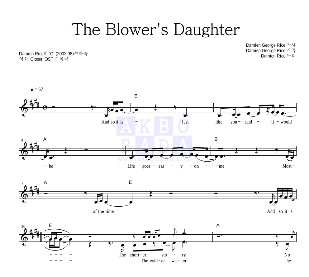 Damien Rice - The Blower's Daughter 멜로디 악보 