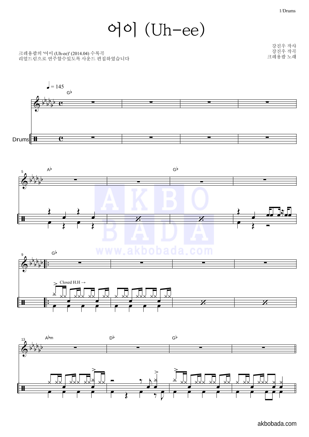 크레용팝 - 어이 (Uh-ee) 드럼 악보 