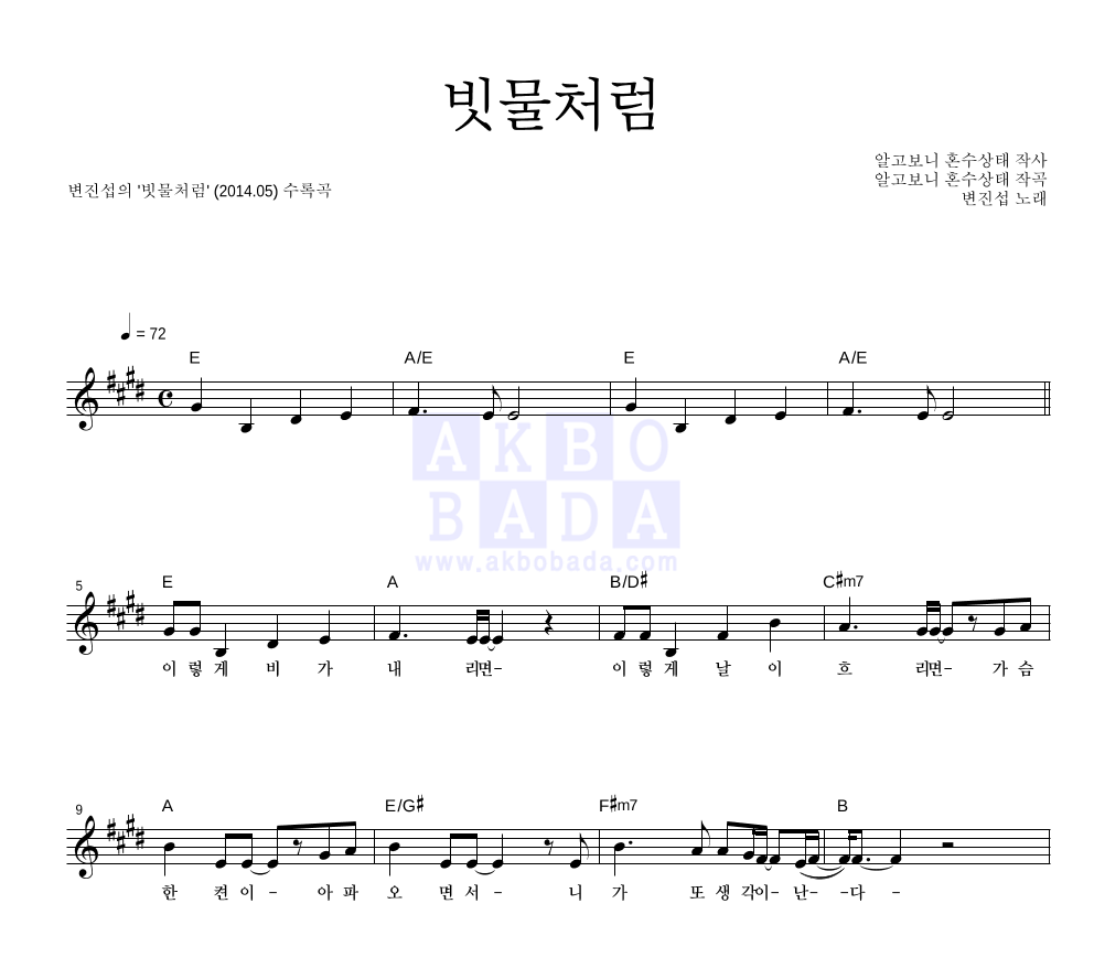 변진섭 - 빗물처럼 멜로디 악보 