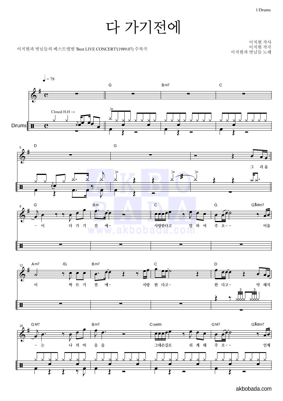이치현과 벗님들 - 다 가기전에 드럼 악보 
