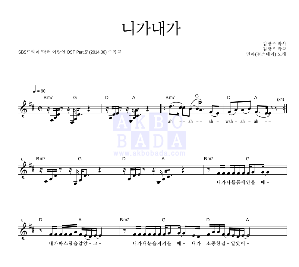 민아(걸스데이) - 니가내가 멜로디 악보 