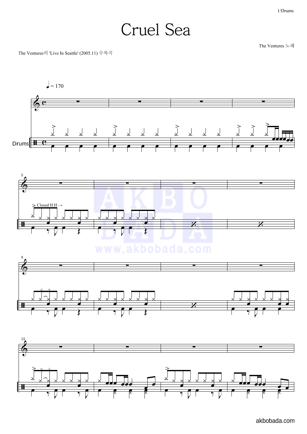 The Ventures - Cruel Sea 드럼 악보 