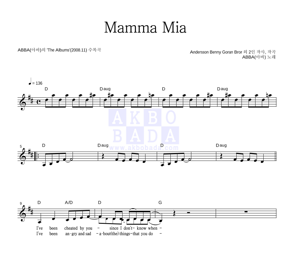 ABBA(아바) - Mamma Mia 멜로디 악보 