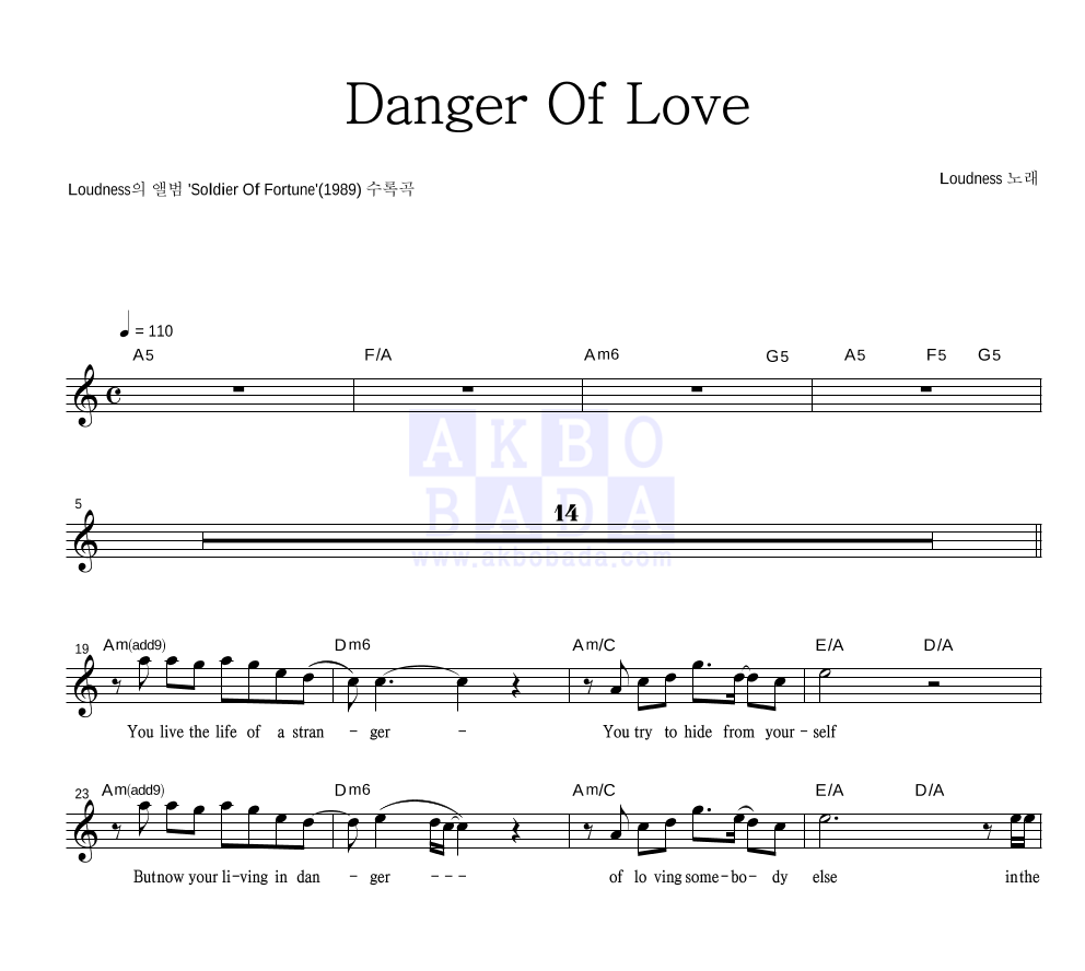 Loudness - Danger Of Love 멜로디 악보 