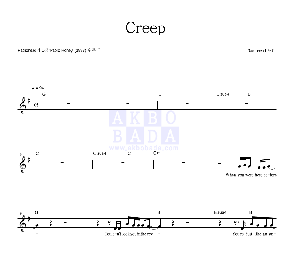 Radiohead - Creep 멜로디 악보 