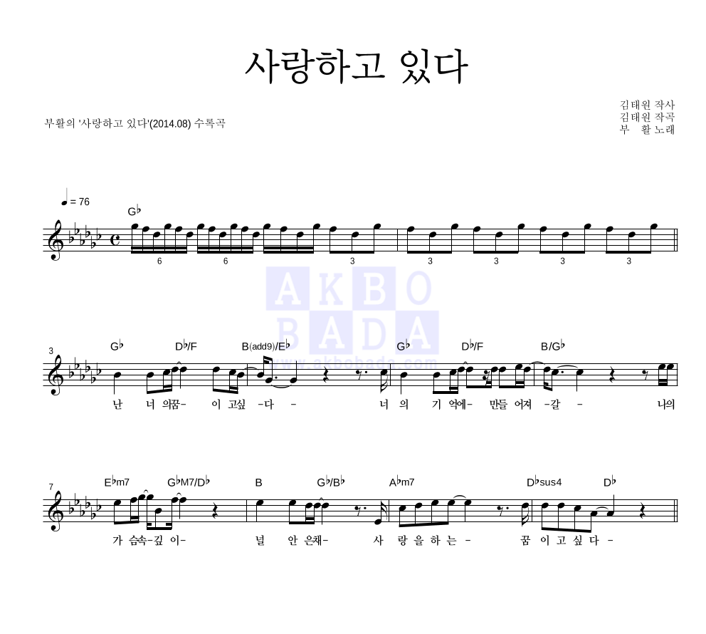 부활 - 사랑하고 있다 멜로디 악보 