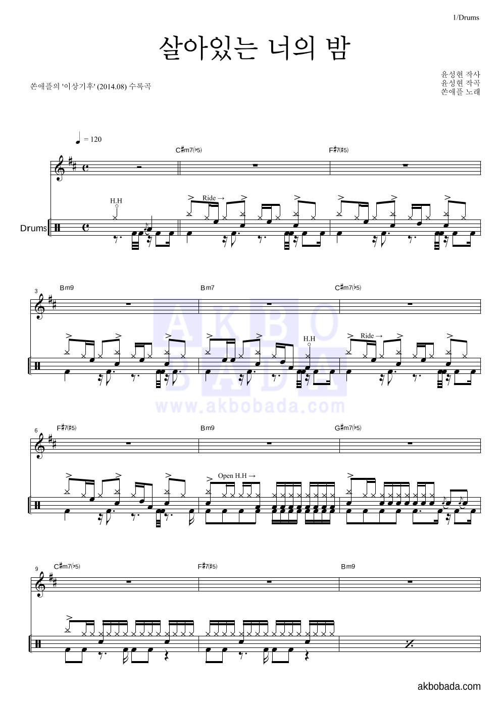 쏜애플 - 살아있는 너의 밤 드럼 악보 