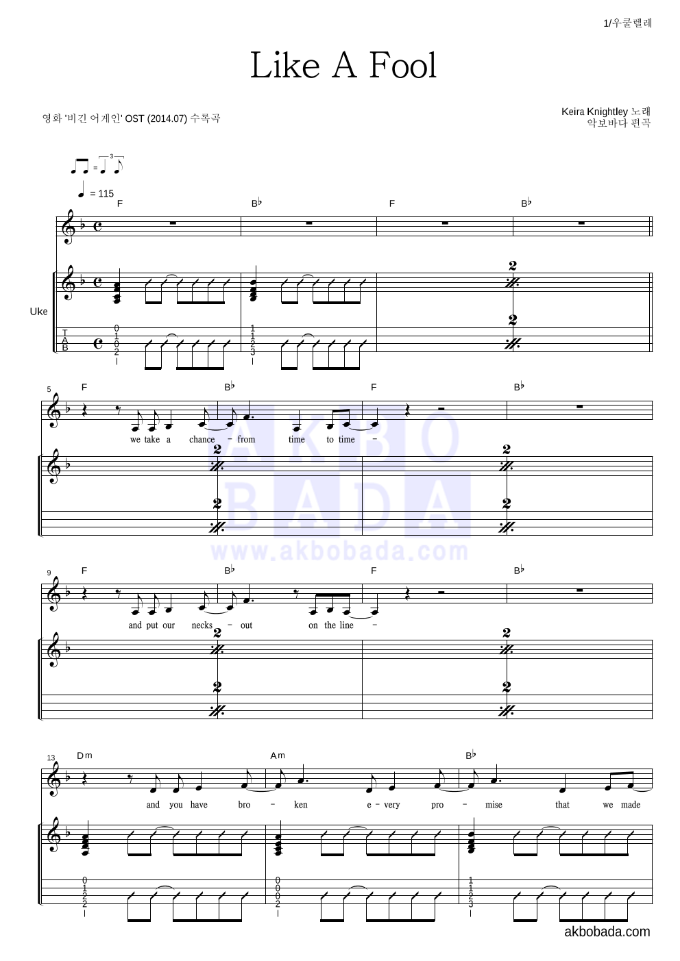 Keira Knightley - Like A Fool 우쿨렐레 악보 