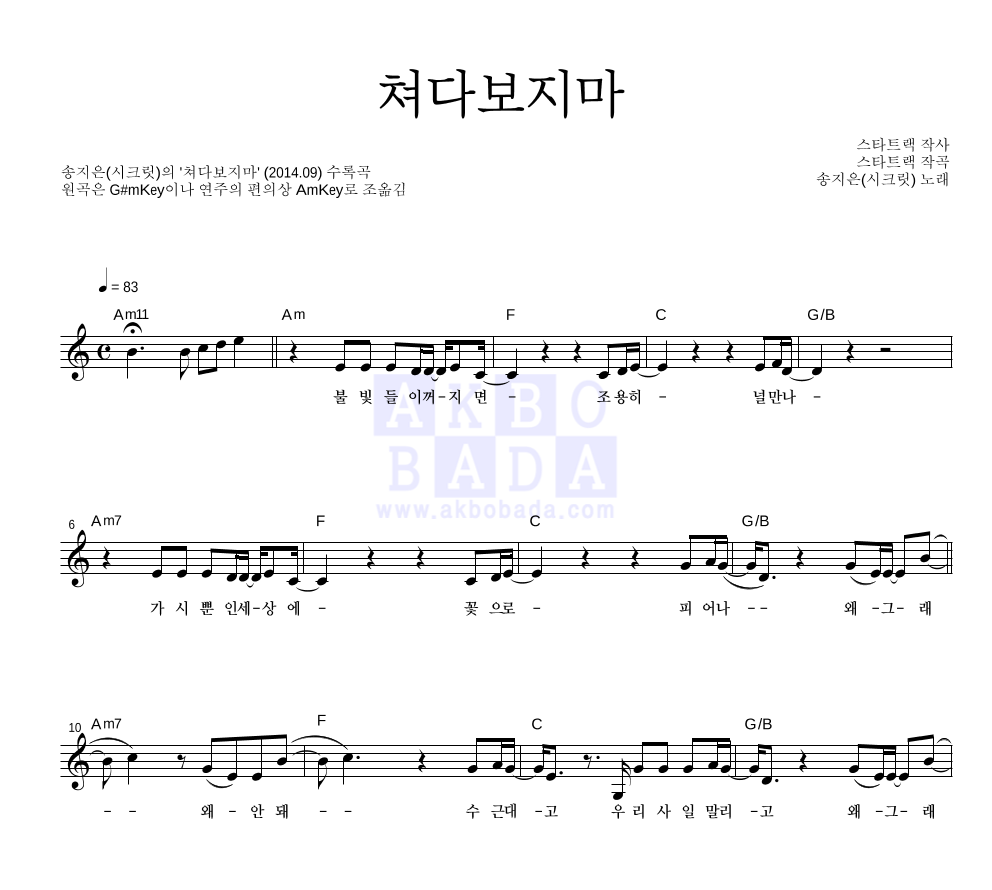 송지은 - 쳐다보지마 멜로디 악보 