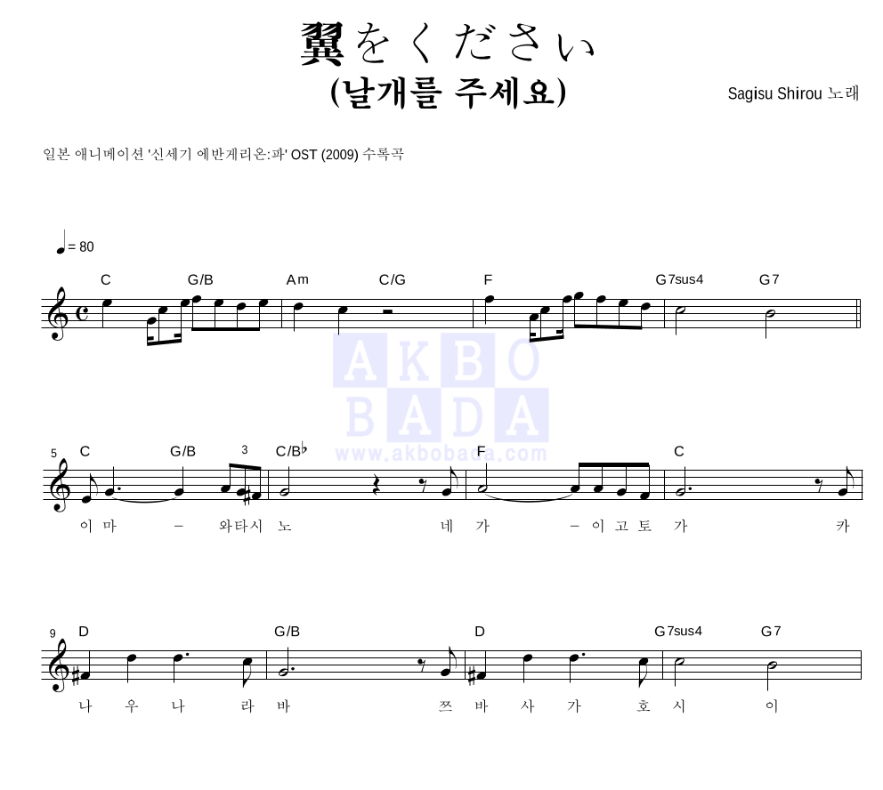 Sagisu Shirou - 翼をください (날개를 주세요) 멜로디 악보 