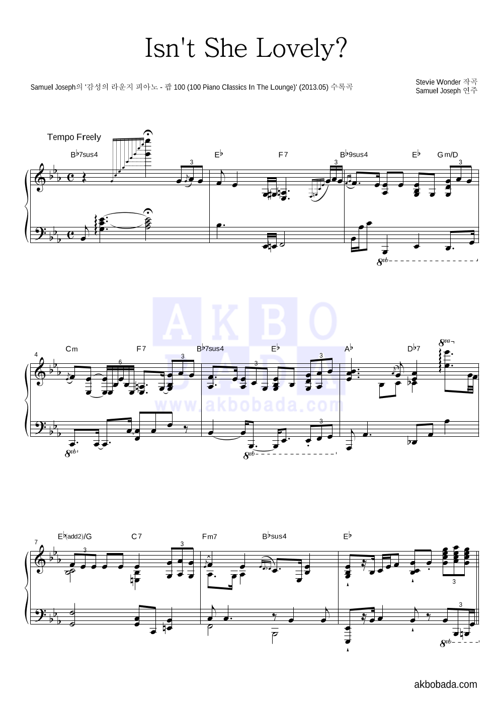 Samuel Joseph - Isn't She Lovely? 피아노 2단 악보 