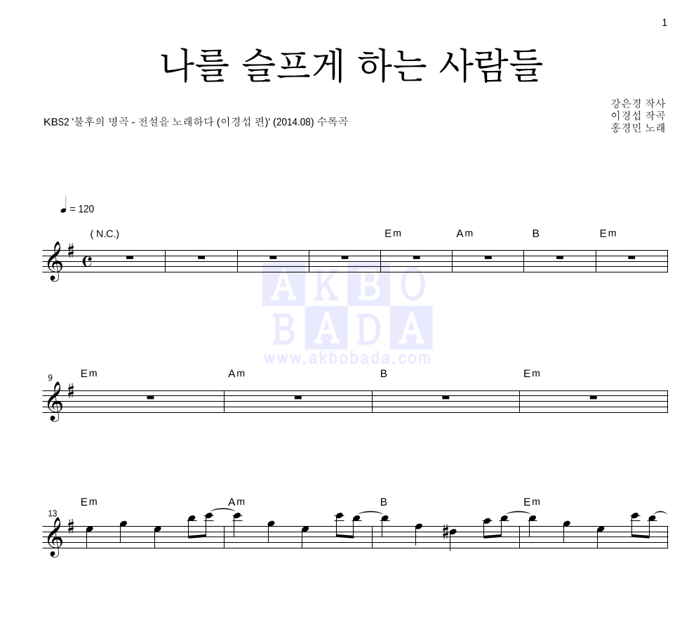 홍경민 - 나를 슬프게 하는 사람들 멜로디 악보 