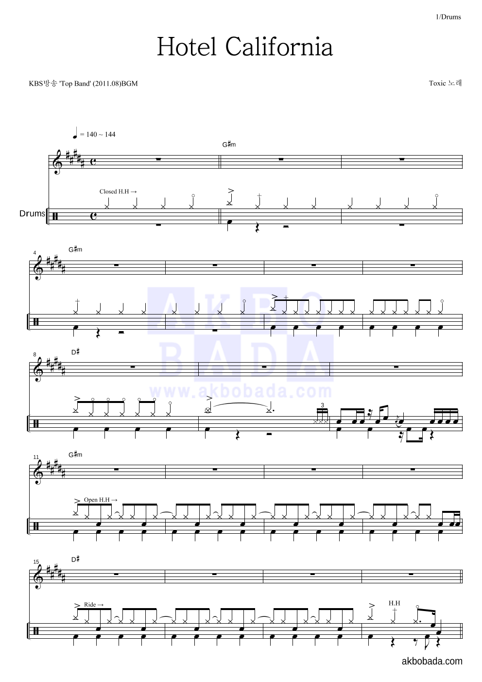 톡식(Toxic) - Hotel California 드럼 악보 
