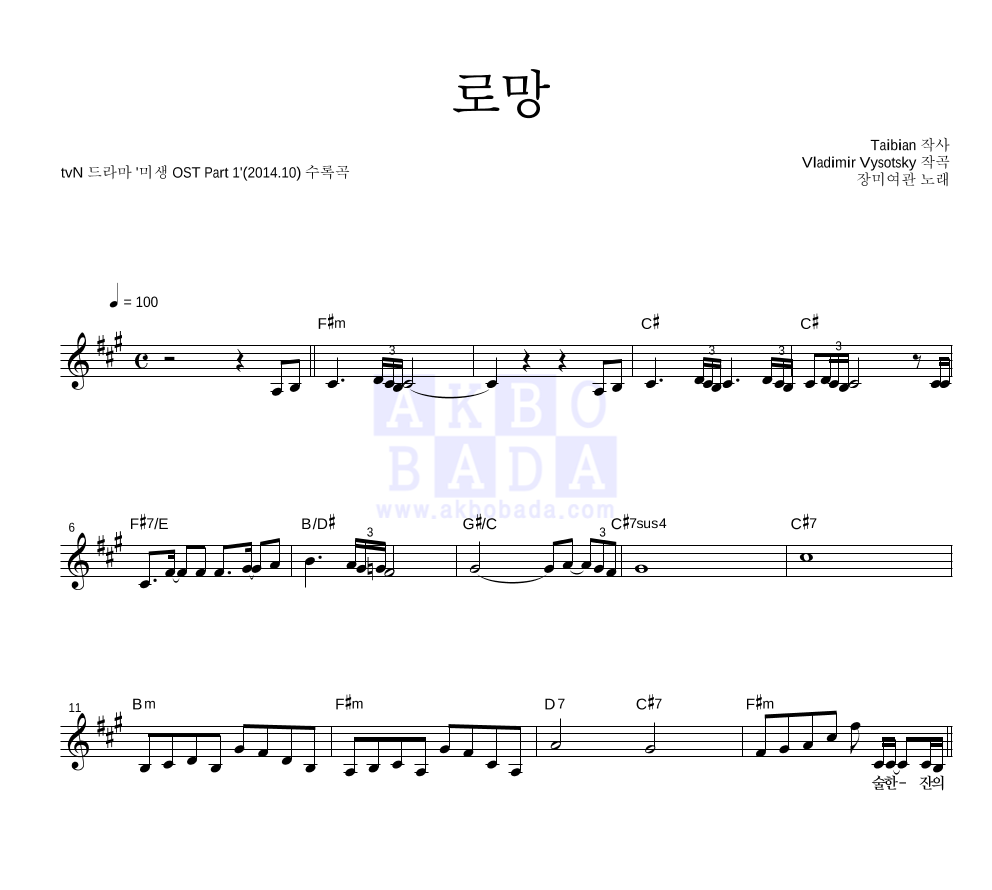 장미여관 - 로망 멜로디 악보 