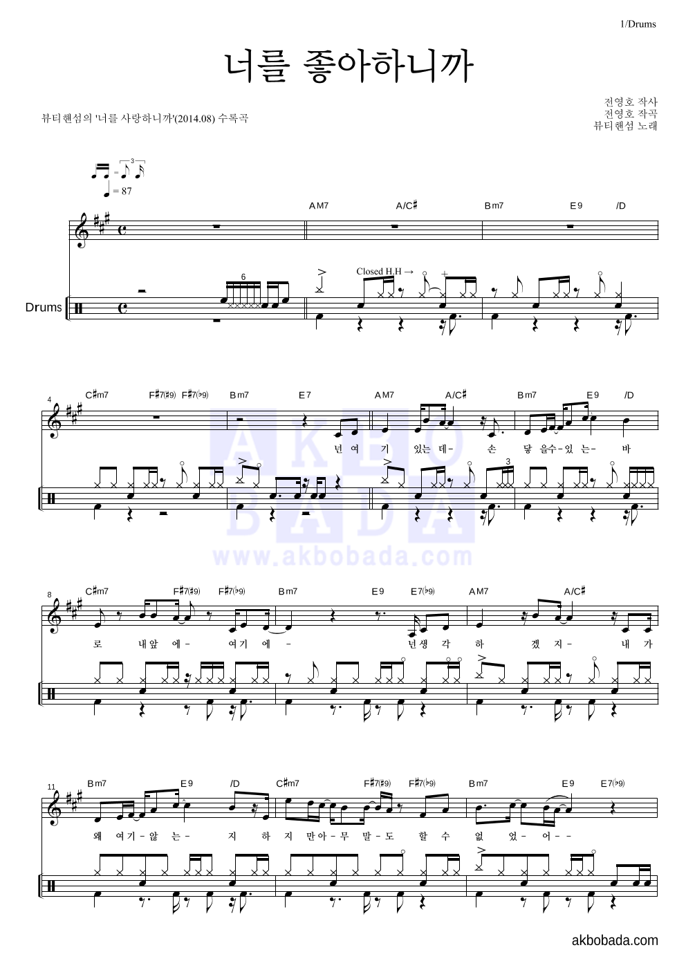 뷰티핸섬 - 너를 좋아하니까 드럼 악보 