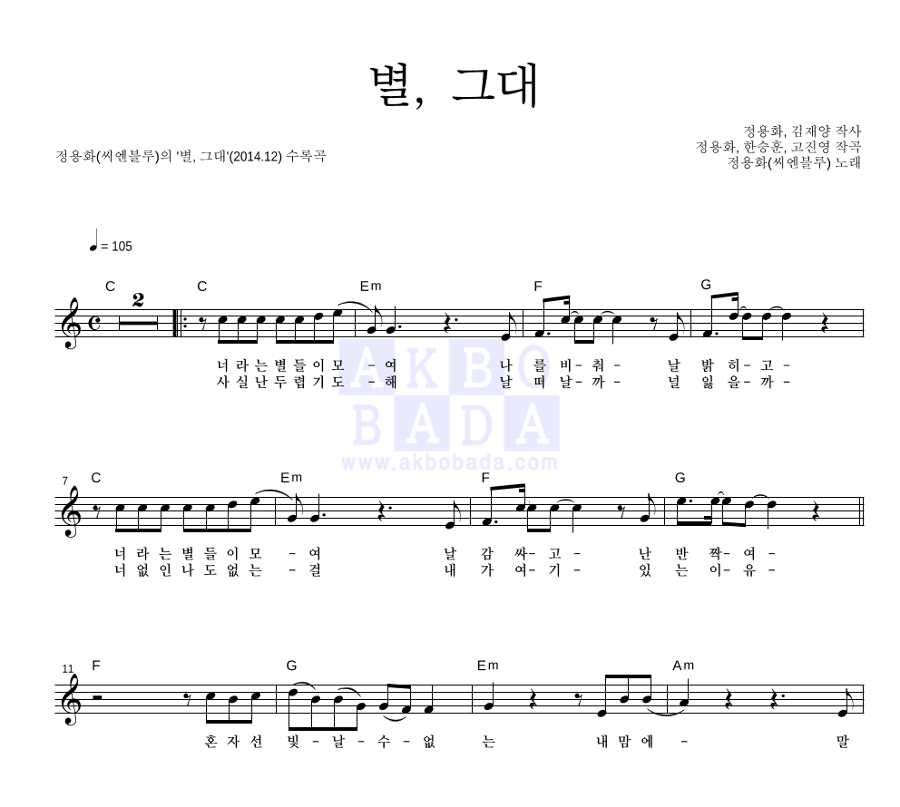 정용화 - 별, 그대 멜로디 악보 