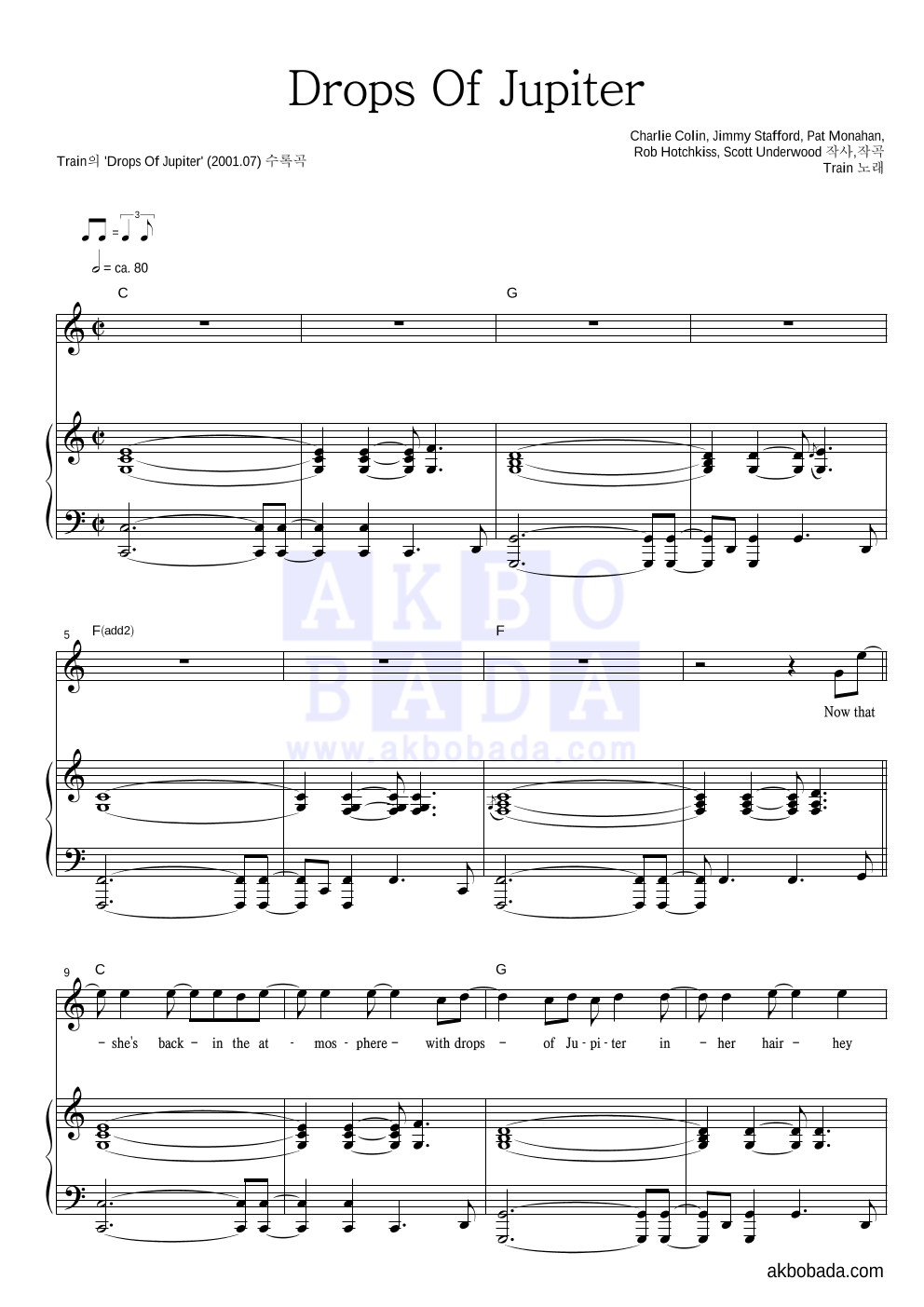 Train - Drops Of Jupiter 피아노 3단 악보 